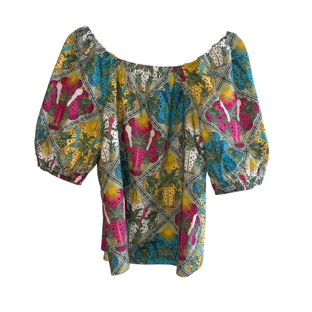 LOFT‎ Womens Tropical Tile Print Square Neck Puff Sleeve Blouse Parrots Multi S